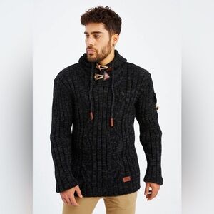 LEIF NELSON Chunky Knit BLACK Anthracite Marble SWEATER With HOOD Small